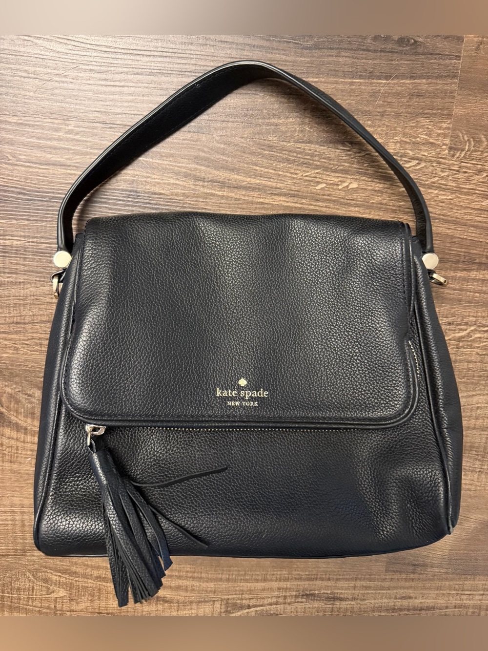 Kate Spade Black Pebbled Leather Flap Shoulder Crossbody Bag Tassel